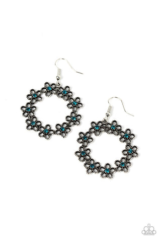 Floral Halos - Blue - Rhinestone Center Daisy Flower Hoop Paparazzi Fishhook Earrings