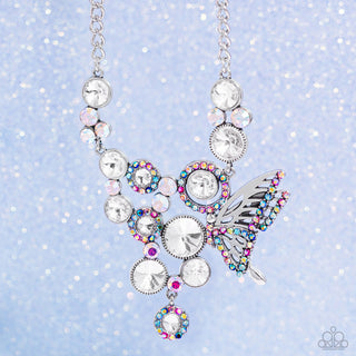 As Luck Would HALF It - White - and Iridescent Gem Butterfly Paparazzi Short Necklace - Black Diamond Exclusive