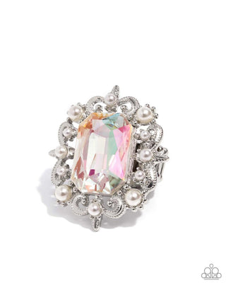 Framed Flourish - Multi - Oversized Emerald-Cut Gem White Pearl Paparazzi Ring - Summer 2024 Party Pack Exclusive