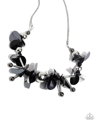 Streamlined Sequins - Black - and Gunmetal Sequin and Bead Flower Paparazzi Short Necklace - 2024 Summer Party Pack Exclusive