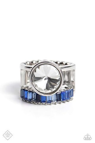 Balanced Bravura - Blue - Emerald-Cut Rhinestone Paparazzi Ring - July 2023 Magnificent Musings