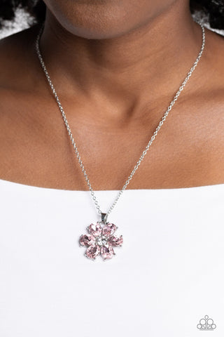 Fancy Flower Girl - Pink - Large Rhinestone Flower Pendant Paparazzi Short Necklace