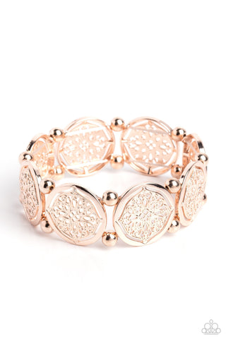 Filigree Fanfare - Rose Gold - Floral Disc Paparazzi Stretchy Bracelet