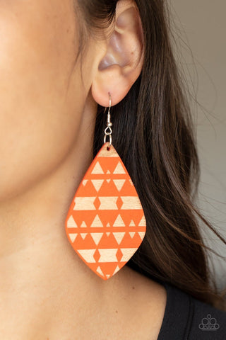 Zimbabwe Zoo - Orange - Etched Tribal Design Paparazzi Wooden Fishhook Earrings