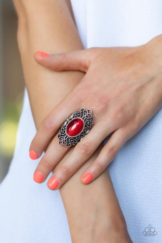 Once Upon a Meadow - Red - Oval Cat's Eye Stone Silver Filigree Paparazzi Ring