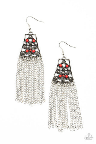 Cleopatra's Allure - Red - Beaded Sunburst Silver Fringe Paparazzi Fishhook Earrings