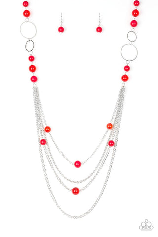 Bubbly Bright - Red - Beaded Tiered Chain Paparazzi Long Necklace