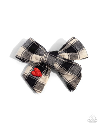 Plaid Picnic - Black - Plaid Stitched Red Heart Paparazzi Hair Bow