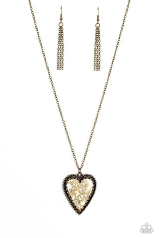 Stony Summer - Brass - White Marbled Elongated Heart Paparazzi Necklace