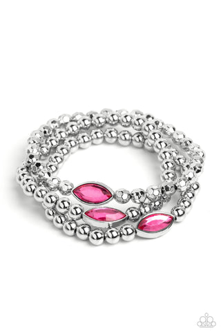 Twinkling Team - Pink - Marquise Cut Gem Silver Bead Paparazzi Stretchy Bracelet