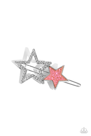 Stellar Shine - Pink - Glitter and White Rhinestone Star Paparazzi Hair Clip