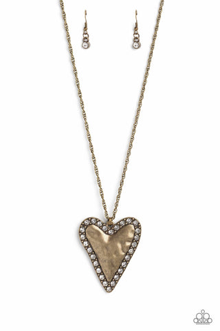 Radiant Romeo - Brass - White Rhinestone Asymmetrical Heart Paparazzi Short Necklace