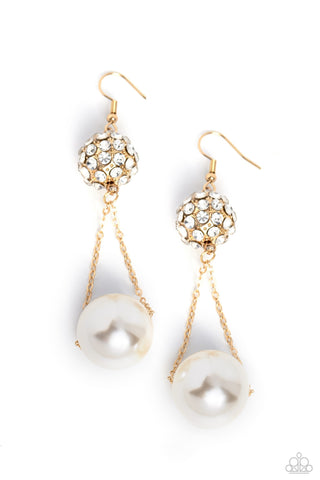 Ballerina Balance - Gold - Oversized Pearl and Rhinestone Encrusted Bead Paparazzi Fishhook Earrings