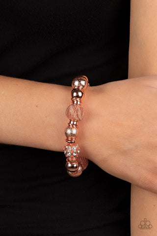 We Totally Mesh - Copper - Beaded and White Rhinestone Paparazzi Bracelet