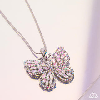 Fame and FLUTTER - Multi - Iridescent Rhinestone Butterfly Paparazzi Short Necklace - Pink Diamond Exclusive