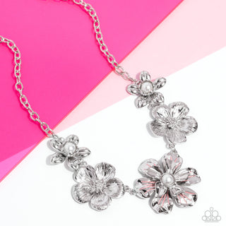 FLOWER Move - Orange - Pearl Center Silver Flower Paparazzi Short Necklace - May 2024 Life of the Party Exclusive