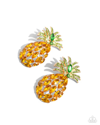 Pineapple Pizzazz - Yellow - Rhinestone Paparazzi Post Earrings