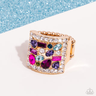 Framed Finesse - Multi - Colorful Gem Gold Square Frame Paparazzi Ring - June 2024 Life of the Party Exclusive