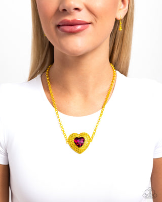 Locket Leisure - Yellow - Metallic Heart Pink Gem Paparazzi Short Necklace