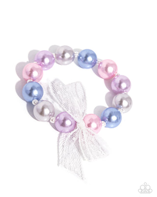 Girly Glam - Multi - Pink, Blue, Purple, and Silver Pearl White Ribbon Paparazzi Stretchy Bracelet