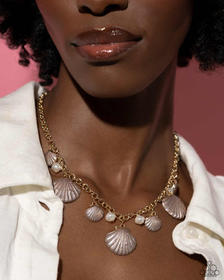 Seashell Sophistication - Brown - Painted Gold Seashell White Pearl Paparazzi Short Necklace