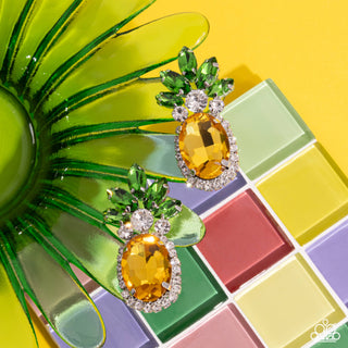 Prismatic Pineapple - Yellow - Rhinestone Fruit Paparazzi Post Earrings