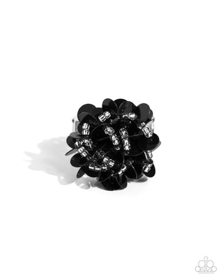 Dynamic Disco - Black - Sequin and Silver Seed Bead Flower Paparazzi Ring