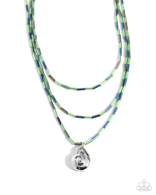 Spiral Safari - Green - and Blue Shiny Bead Shell Charm Tiered Paparazzi Short Necklace