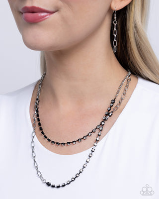 Boxy Brilliance - Black - Silver and Painted Setting White Rhinestone Tiered Paparazzi Short Necklace