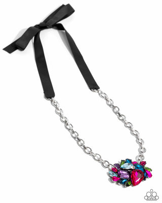 Tantalizing Tapestry - Multi - Colorful Rhinestone Cluster Black Ribbon Paparazzi Necklace - August 2024 Life of the Party Exclusive