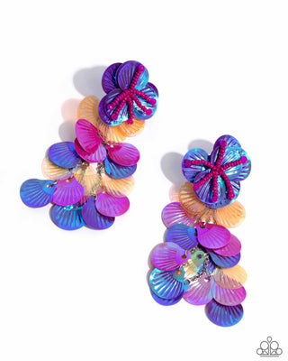 Under the Waves - Multi - Purple, Pink, Orange Sequin Seashell, Seed Beed Starfish Paparazzi Post Earrings - July 2024 Life of the Party Exclusive