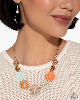 Garden Gesture - Multi - Gold, Green, and Orange Flower Paparazzi Short Necklace - July 2024 Life of the Party Exclusive