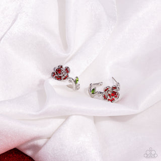 Mother ROSE Best - Red - Rhinestone Flower Paparazzi Hoop Earrings