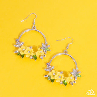 Fairy Freestyle - Yellow - Painted Flower and Rhinestone Silver Hoop Paparazzi Fishhook Earrings