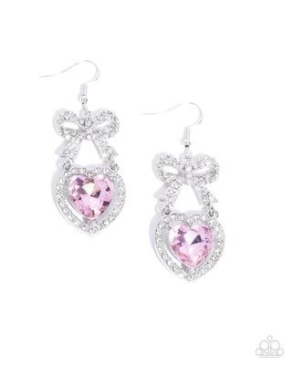 Adorable Allure - Pink - Gem Heart White Rhinestone Bow Paparazzi Fishhook Earrings