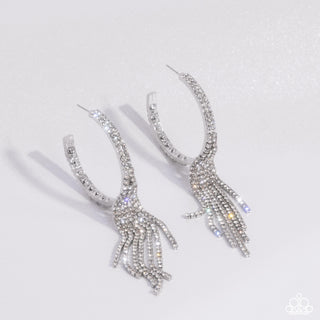 Jaw-Dropping Jubilee - White - Rhinestone Tassel Paparazzi Hoop Earrings - September 2024 Life of the Party Exclusive