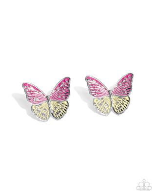 Aerial Appreciation - Pink - and Yellow Painted Butterfly Paparazzi Post Earrings