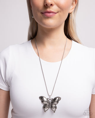 Aerial Attraction - Silver - Filigree Butterfly Paparazzi Long Necklace