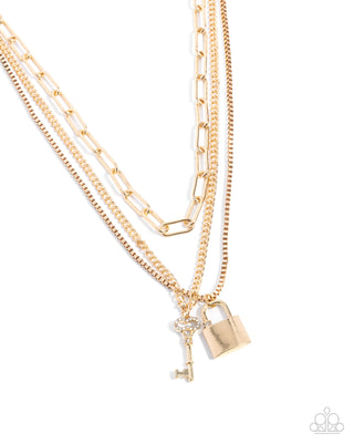 LOCKS of Luck - Gold - Tiered Chain Lock and Key Paparazzi Short Necklace