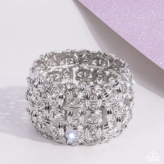 Woven Wardrobe - White - Rhinestone and Silver Stud Paparazzi Stretchy Bracelet - September 2024 Life of the Party Exclusive