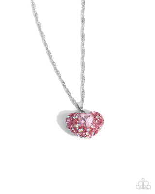 Best Of My Heart - Pink - and Iridescent Rhinestone Encrusted Heart Paparazzi Short Necklace