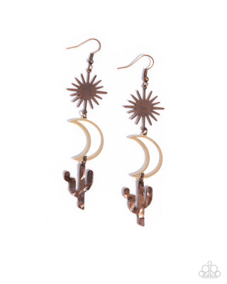 Wishfully Western - Copper - and Gold Mixed Metal Star, Moon, and Cactus Paparazzi Fishhook Earrings