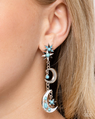 Stellar Serendipity - Blue - Turquoise Stone White Rhinestone Star and Moon Paparazzi Post Earrings