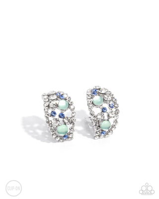 Elite Embrace - Green - Blue, and White Rhinestone Paparazzi Clip-On Earrings