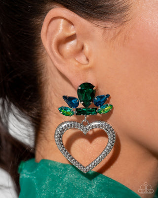 Pushing Perfection - Multi - Blue and Green UV Gem Silver Heart Paparazzi Post Earrings - October 2024 Life of the Party Exclusive