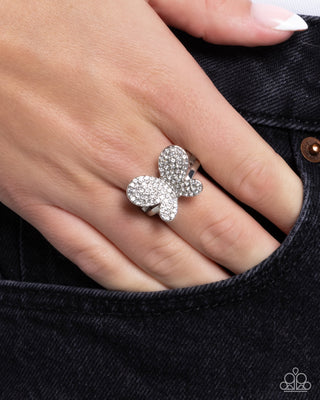 Aerial Anthem - White - Rhinestone Butterfly Paparazzi Ring