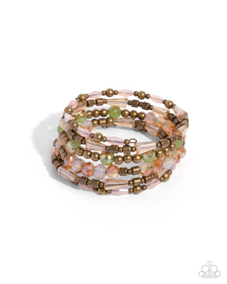 Seasoned Stack - Brass - Pink and Peach Bead Paparazzi Coil Bracelet