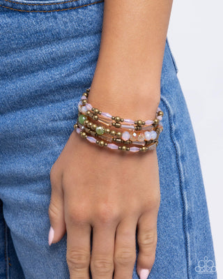 Seasoned Stack - Brass - Pink and Peach Bead Paparazzi Coil Bracelet