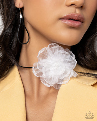 French Facade - White - Beaded Center Tulle Flower Paparazzi Choker Necklace