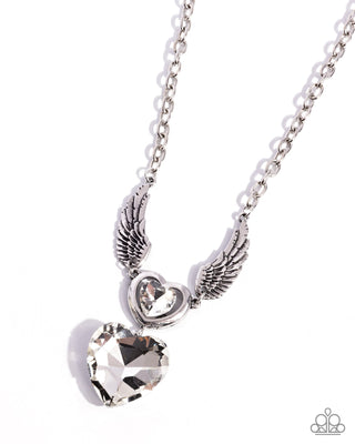 Customer Satisfaction - White - Oversized Heart Gem Silver Angel Wing Paparazzi Short Necklace